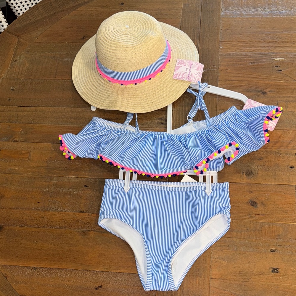 Tommy Bahama Blue Striped Kids Bikini with Hat Size 7 NWT